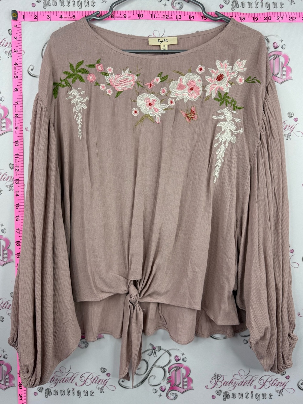 KYEMI Mauve Floral Embroidered Tie-Front Blouse